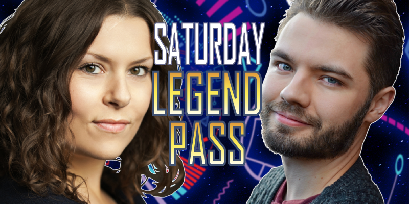 Headshots of Jessica Carroll and James Alexander, on a Saturday Legend Pass ticket.
